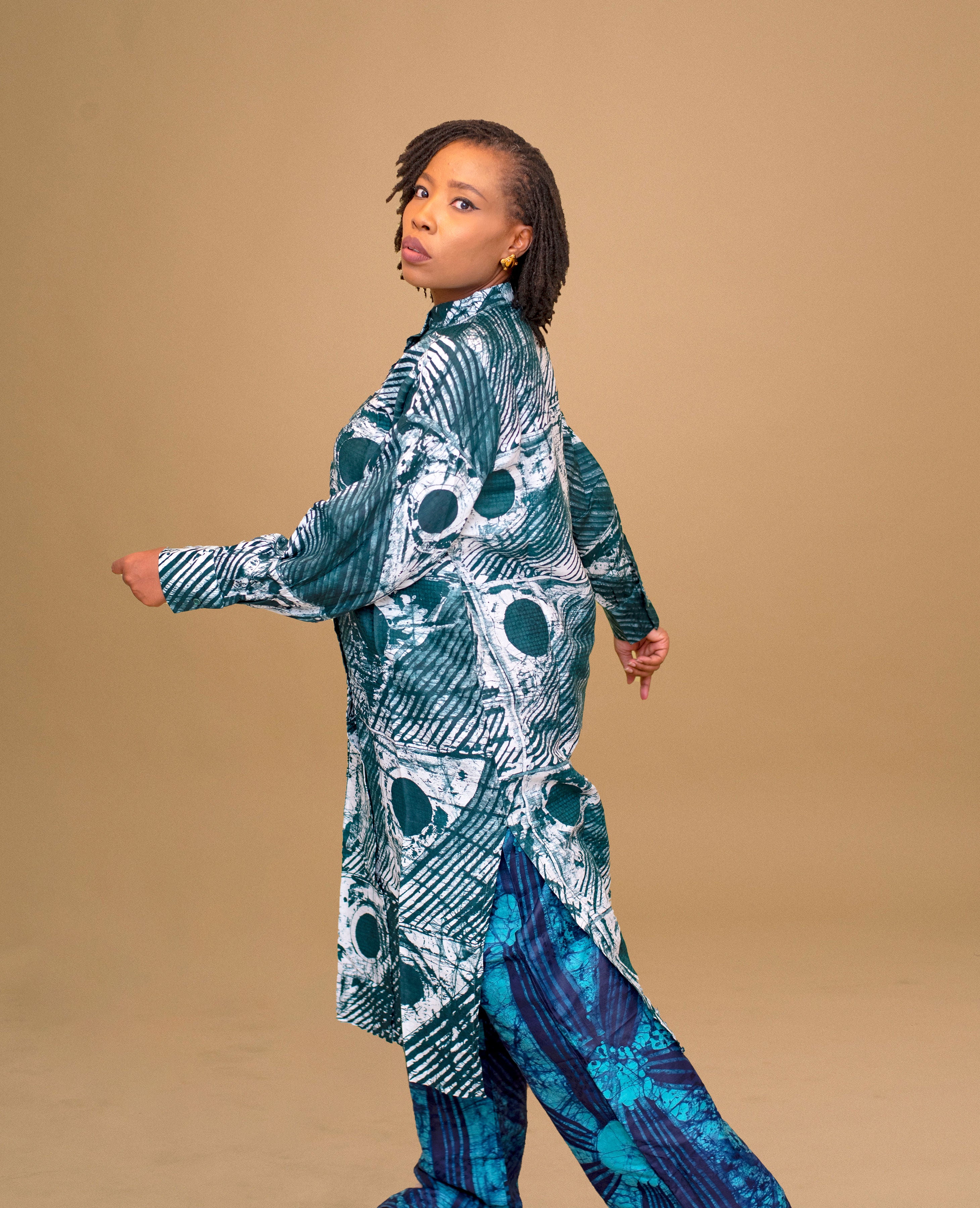 UJU AFRICAN PRINT 2 PIECE SHIRT DRESS TROUSER SET